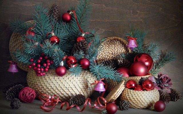 Christmas basket pinecones ornaments folk free wallpaper - medium preview image