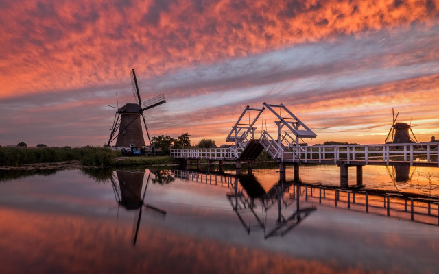 Windmill bridge reflection sunset landscape free wallpaper - medium preview image