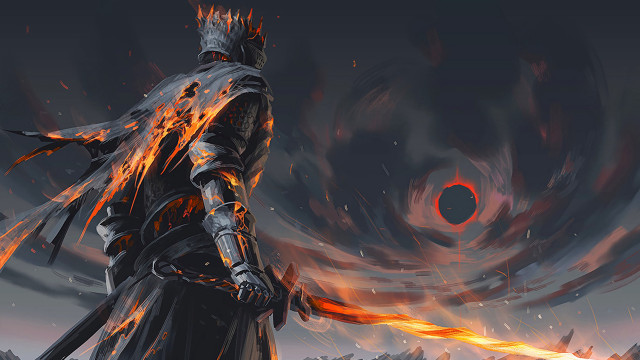 Black suit man flaming sword free wallpaper - medium preview image