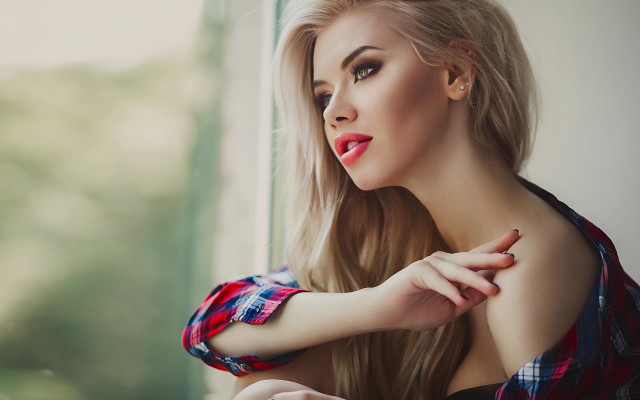 Woman longhair plaidshirt window anna free wallpaper - medium preview image
