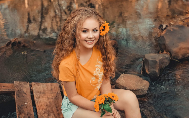 Girl flower bench brigette barrager free wallpaper - medium preview image