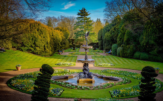 Garden fountain trees flowers blue free wallpaper - medium preview image