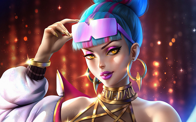 Blue hair pink top gold free wallpaper - medium preview image