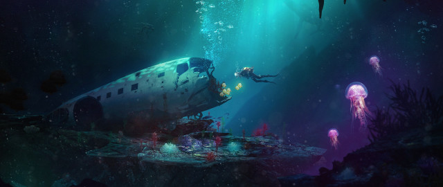 Underwater submarine jellyfish man scuba free wallpaper - medium preview image