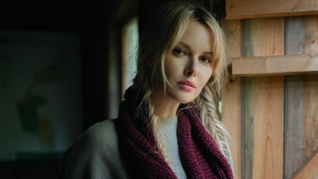 Woman scarf woodenwall blonde braid free wallpaper - medium preview image