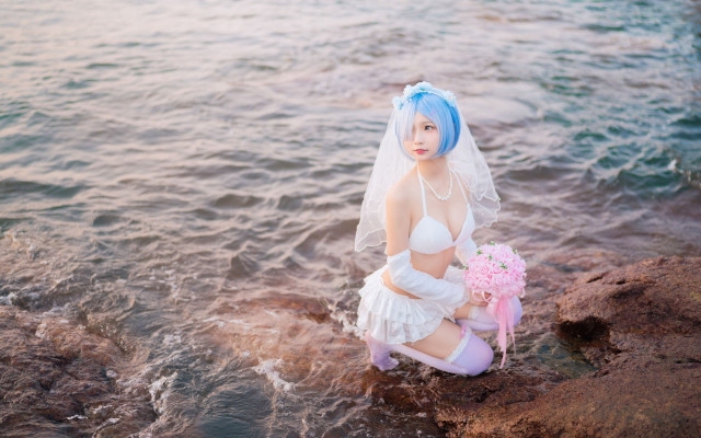 Woman white dress veil rock free wallpaper - medium preview image