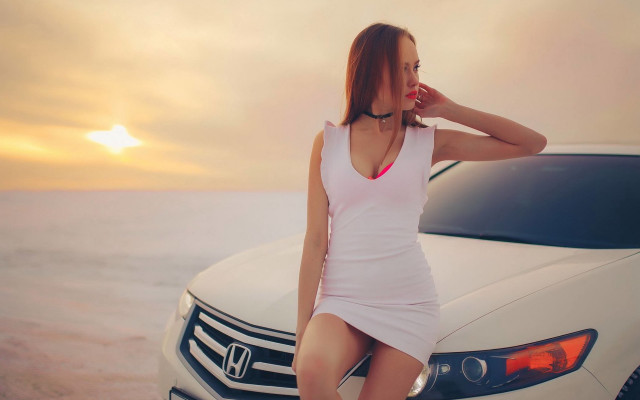Woman white dress beach sunset #2 free wallpaper - medium preview image