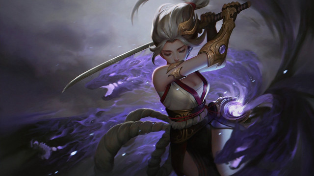 Woman dragon sword fantasy purple free wallpaper - medium preview image