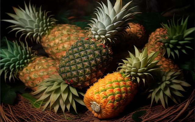 Pineapples basket table photorealism stilllife free wallpaper - medium preview image
