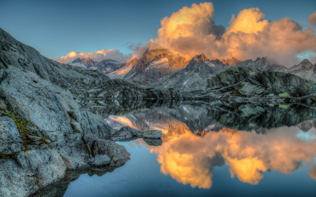 Mountain lake rocks clouds sunset free wallpaper - medium preview image