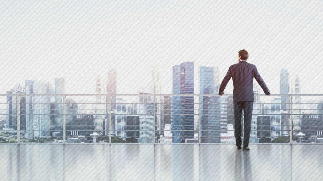 Man suit balcony city skyline free wallpaper - medium preview image