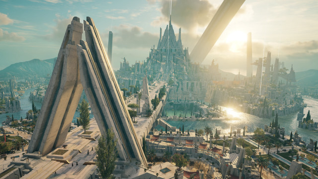 Futuristic city bridge building sunset free wallpaper - medium preview image