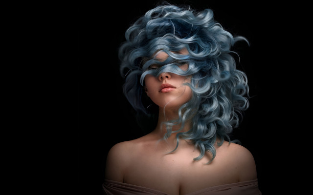 Blue hair dress head photorealism free wallpaper - medium preview image