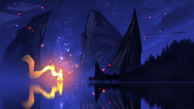 Lake mountains stars fireworks astronaut free wallpaper - medium preview image