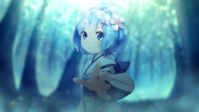 Blue haired girl forest kawaii free wallpaper - medium preview image