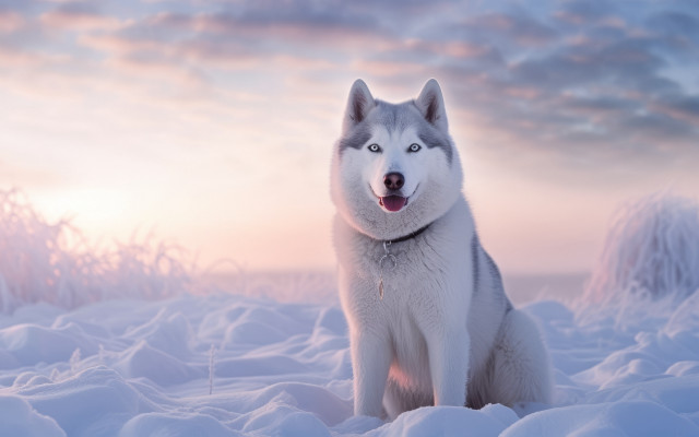 Husky sitting snow sunset clouds free wallpaper - medium preview image