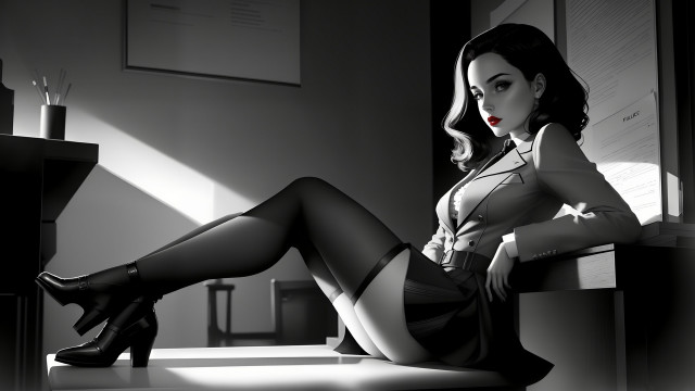 Woman blackhair highheels skirt sitting free wallpaper - medium preview image