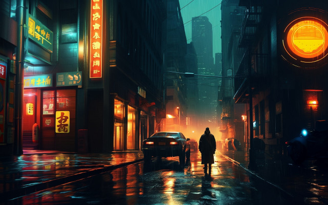 Man street night rain cyberpunk free wallpaper - medium preview image