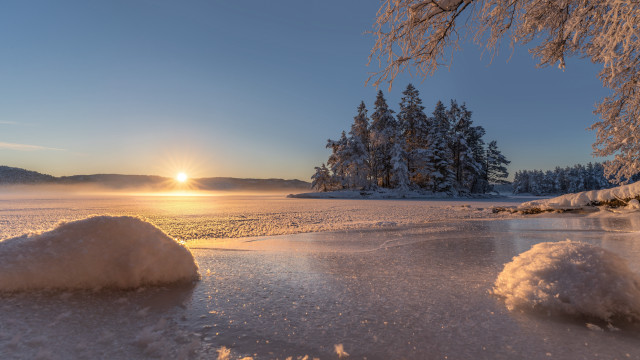 Sunset frozen lake snow trees free wallpaper - medium preview image