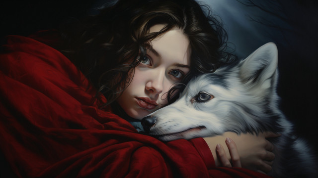Woman hugging dog red blanket free wallpaper - medium preview image