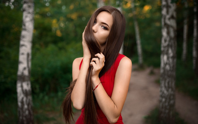 Woman forest path elina karimova free wallpaper - medium preview image