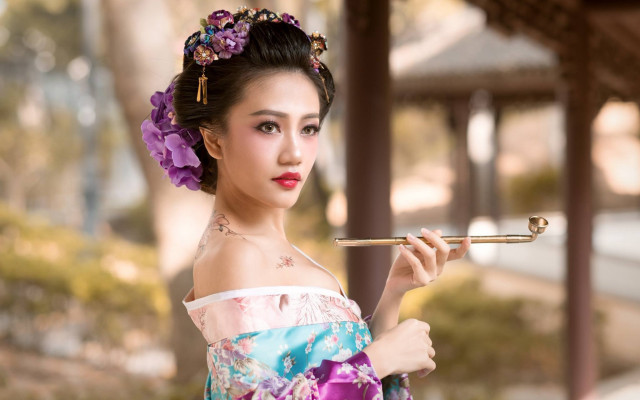 Traditional chinese dress smile bokeh free wallpaper - medium preview image