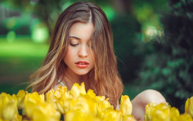 Woman long hair yellow flowers free wallpaper - medium preview image