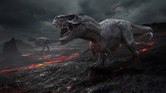 Dinosaurs rocky field cloudy sky free wallpaper - medium preview image