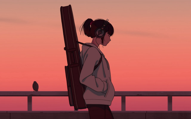 Girl headphones pier ocean bird free wallpaper - medium preview image