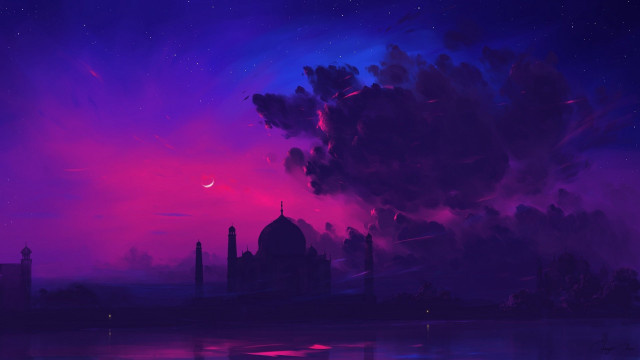 Purple sky building crescent moon free wallpaper - medium preview image