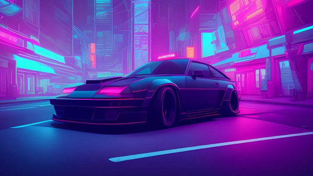 City street neon lit car free wallpaper - medium preview image