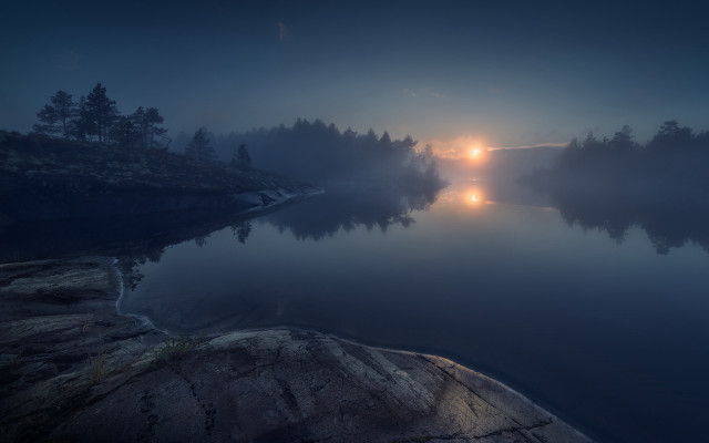 Lake lighthouse fog night mountain free wallpaper - medium preview image