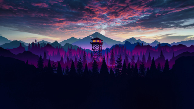Mountain tower forest sunset purple free wallpaper - medium preview image