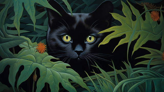 Black cat jungle flowers yellow free wallpaper - medium preview image