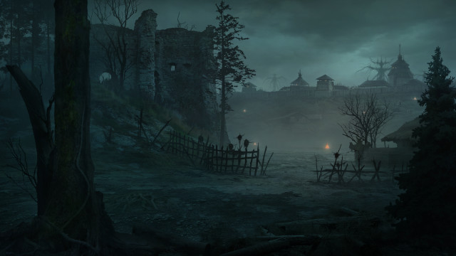 Dark forest castle foggy night free wallpaper - medium preview image