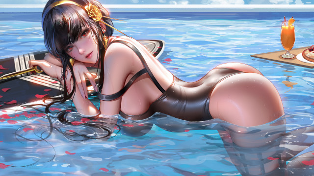 Woman bikini surfboard drink donuts free wallpaper - medium preview image