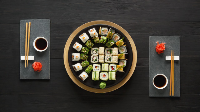 Sushi plate chopsticks sauces coffee free wallpaper - medium preview image