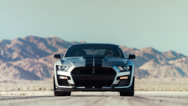 Silver mustang desert road mountains free wallpaper - medium preview image