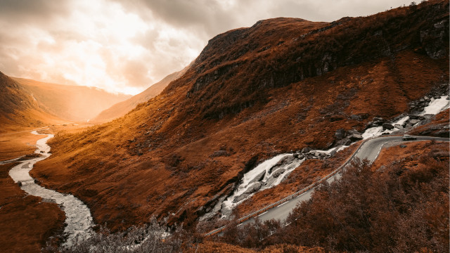 Mountain road river cloudy sunset free wallpaper - medium preview image