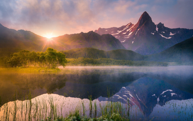 Mountain lake forest sunset sunlight free wallpaper - medium preview image