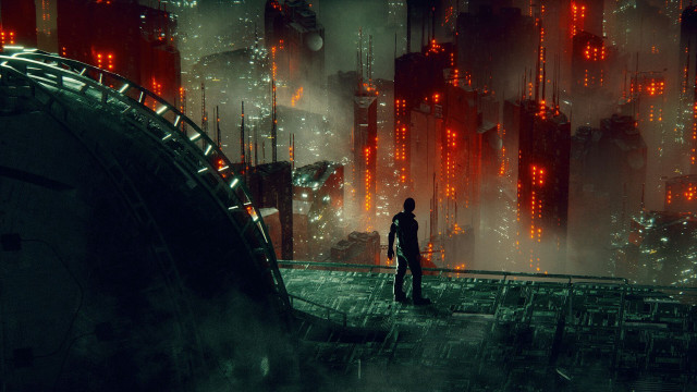 Futuristic city clock tower cyberpunk free wallpaper - medium preview image