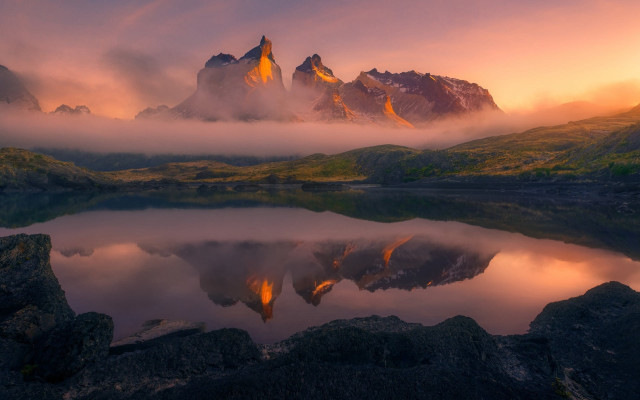 Mountain lake clouds dusk fire free wallpaper - medium preview image