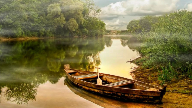 Boat shore lake trees foggy free wallpaper - medium preview image