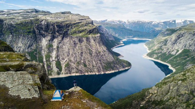 Cliff lake mountains tent forest free wallpaper - medium preview image