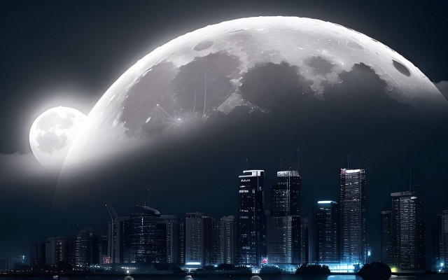 City skyline moon boat night free wallpaper - medium preview image