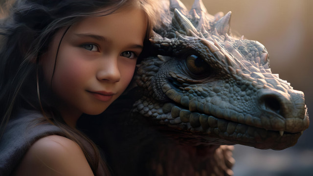 Girl hugging dragon 3d render free wallpaper - medium preview image