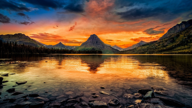 Sunset mountain lake rocks nature free wallpaper - medium preview image