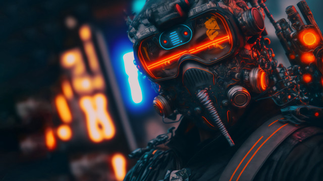 Man gasmask neon light cyberpunk free wallpaper - medium preview image