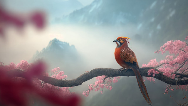 Bird branch cherryblossoms mountain pinkflowers free wallpaper - medium preview image