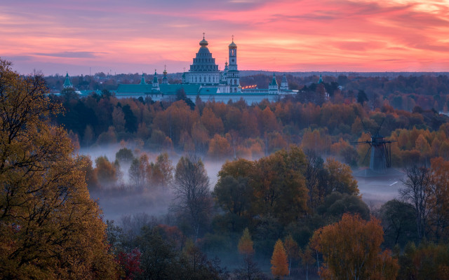 City church fog trees autumn free wallpaper - medium preview image
